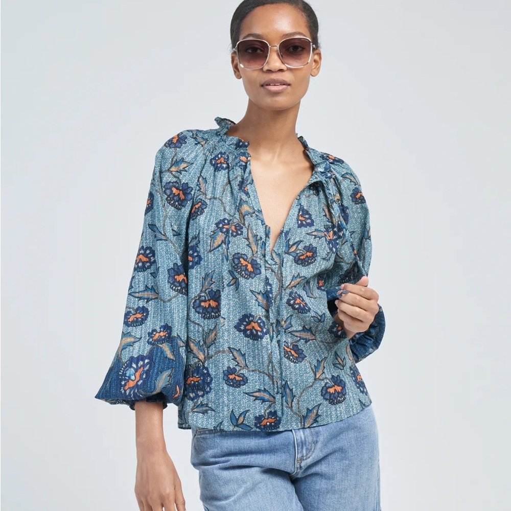 Ulla Johnson Cornflower Blue Kaitlyn Floral Long Sleeve Blouse - Size 16